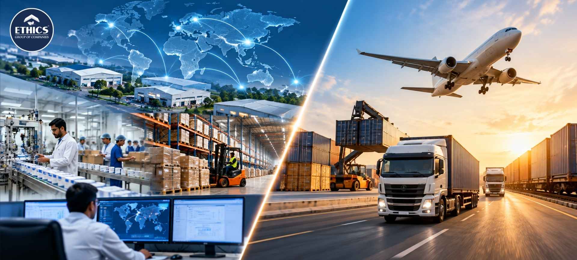 Supply Chain vs Logistics comparison showing warehousing transportation and end-to-end supply chain operations