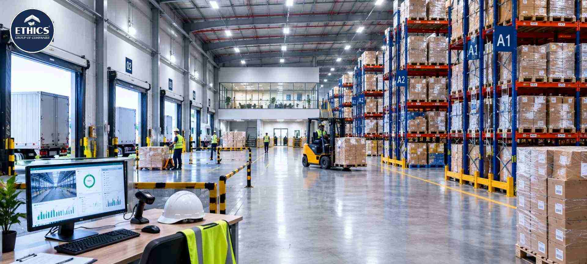 Interior of a Grade A+ warehouse with high-bay racking and wide aisles