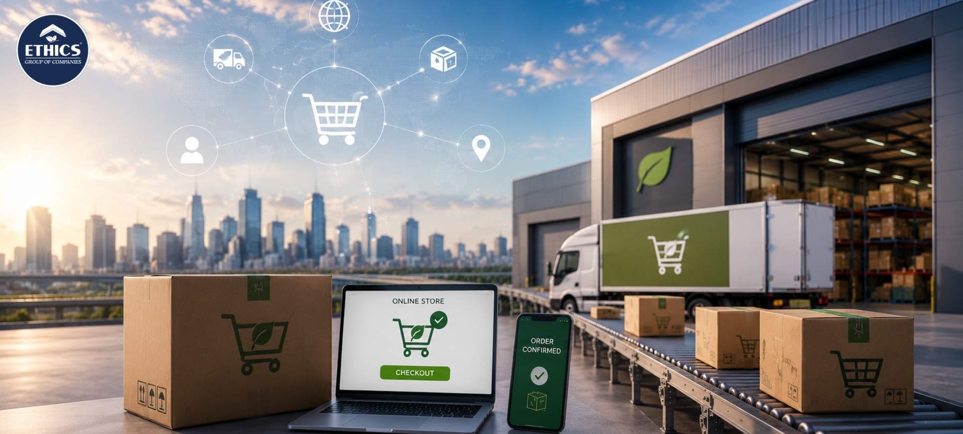 Sustainable e-commerce fulfillment network with automated warehouse, green transportation, and efficient last-mile delivery operations