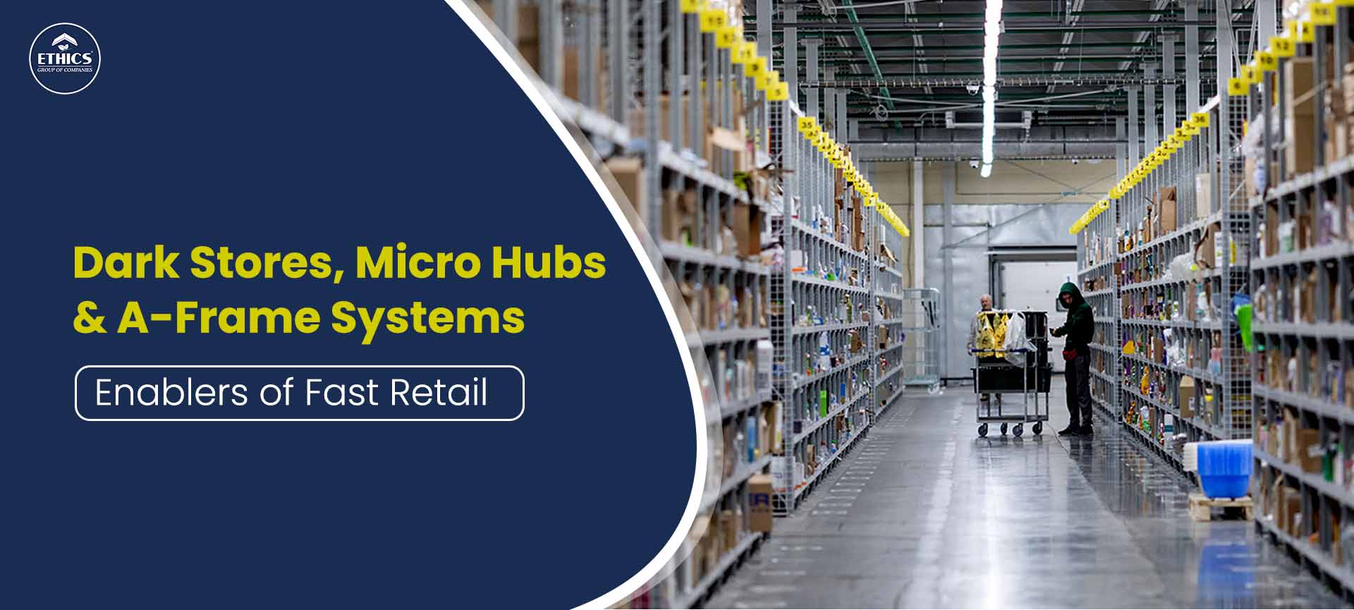 Modern dark store warehouse with an automated A-frame picking system and workers managing fast retail fulfillment operations
