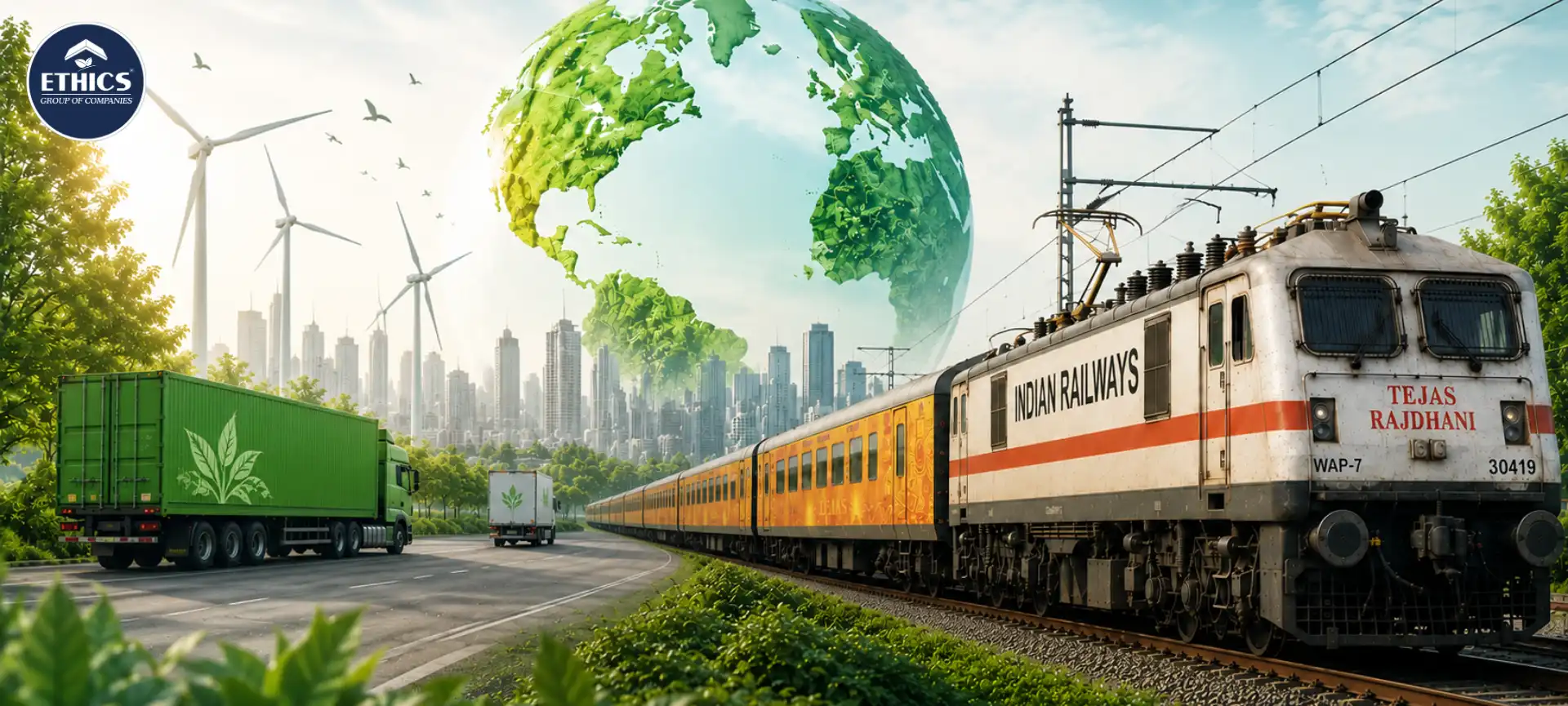 Sustainable logistics network featuring green transportation, modern warehouses, and eco-friendly supply chain operations