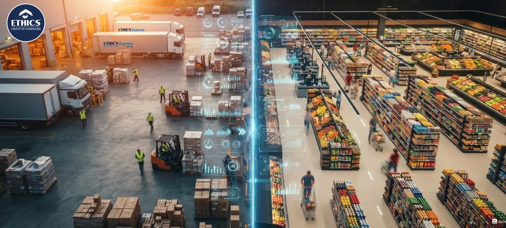 Digital store replenishment workflow in a retail warehouse connecting backroom inventory, shelf restocking, and real-time order fulfillment
