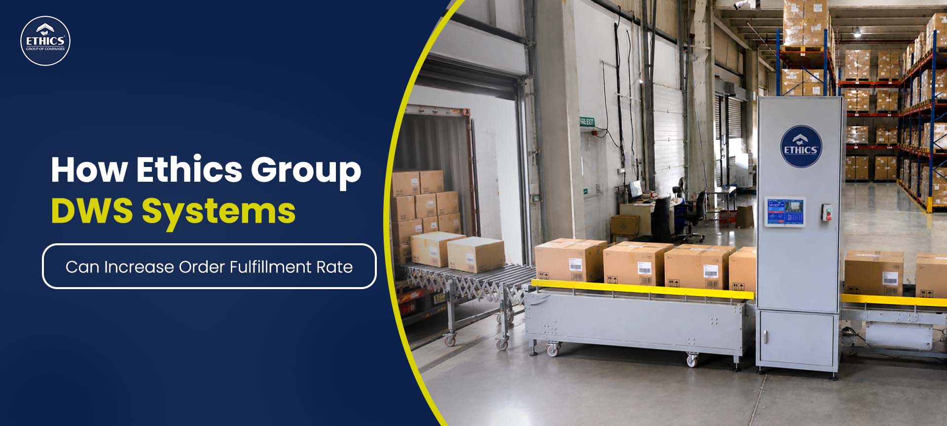 Automated DWS system scanning parcels on a conveyor belt inside a modern logistics warehouse