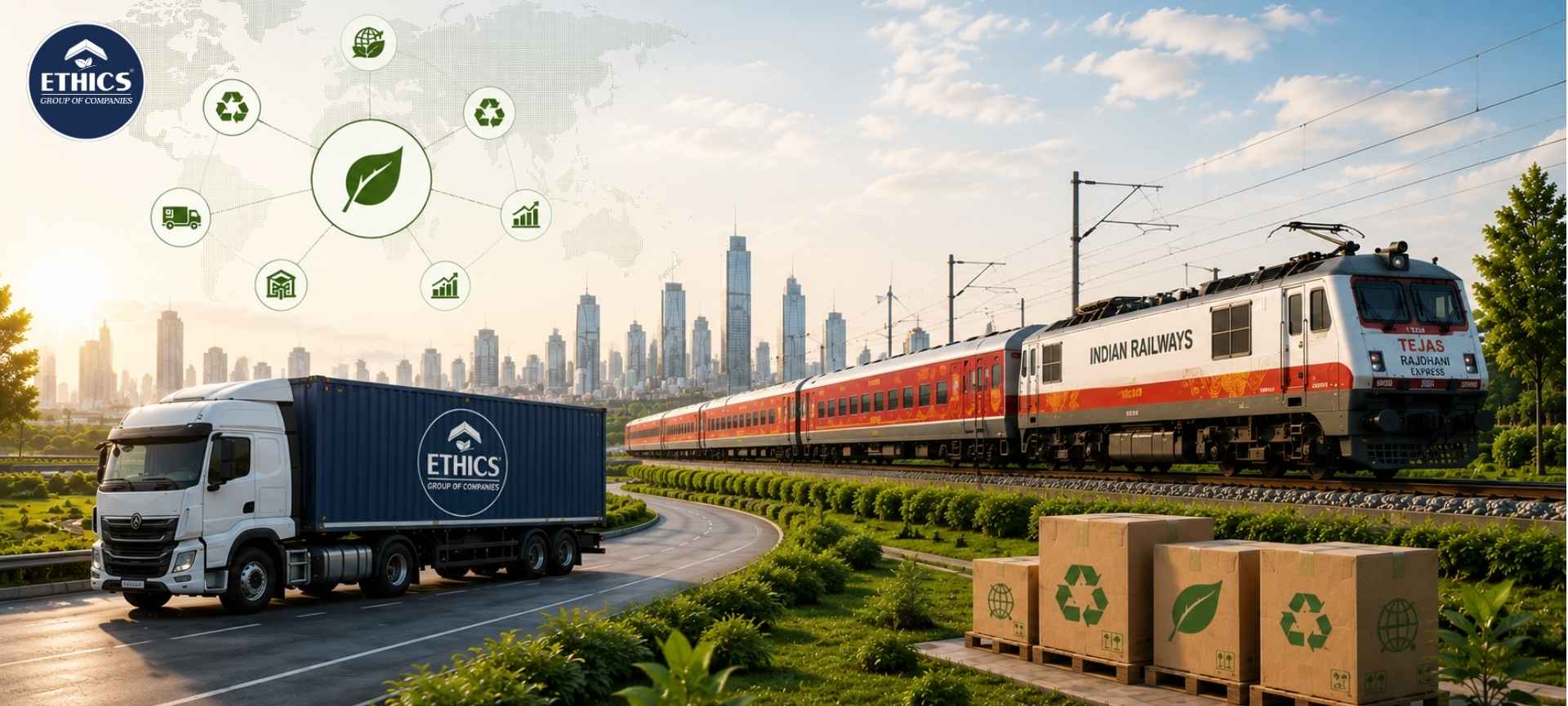 Indian logistics network using sustainable transportation, green warehouses, rail freight, and technology-driven supply chain operations