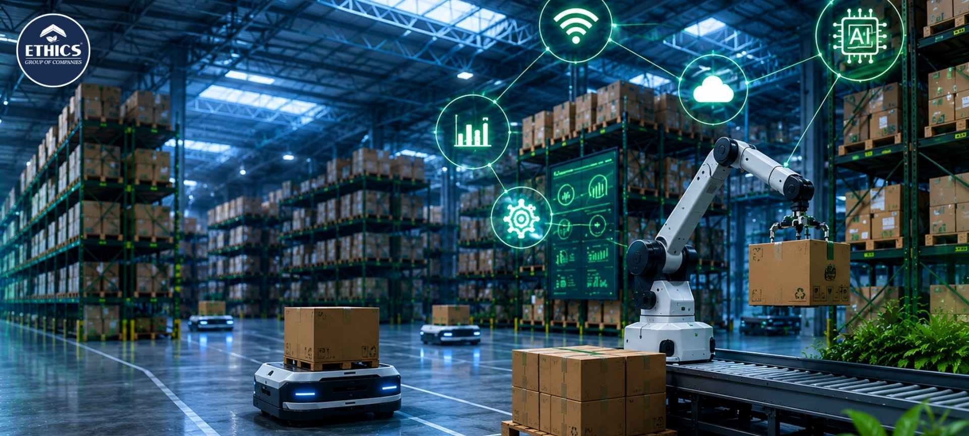 AI and IoT-enabled smart warehouse with automated inventory tracking, connected devices, and sustainable logistics operations