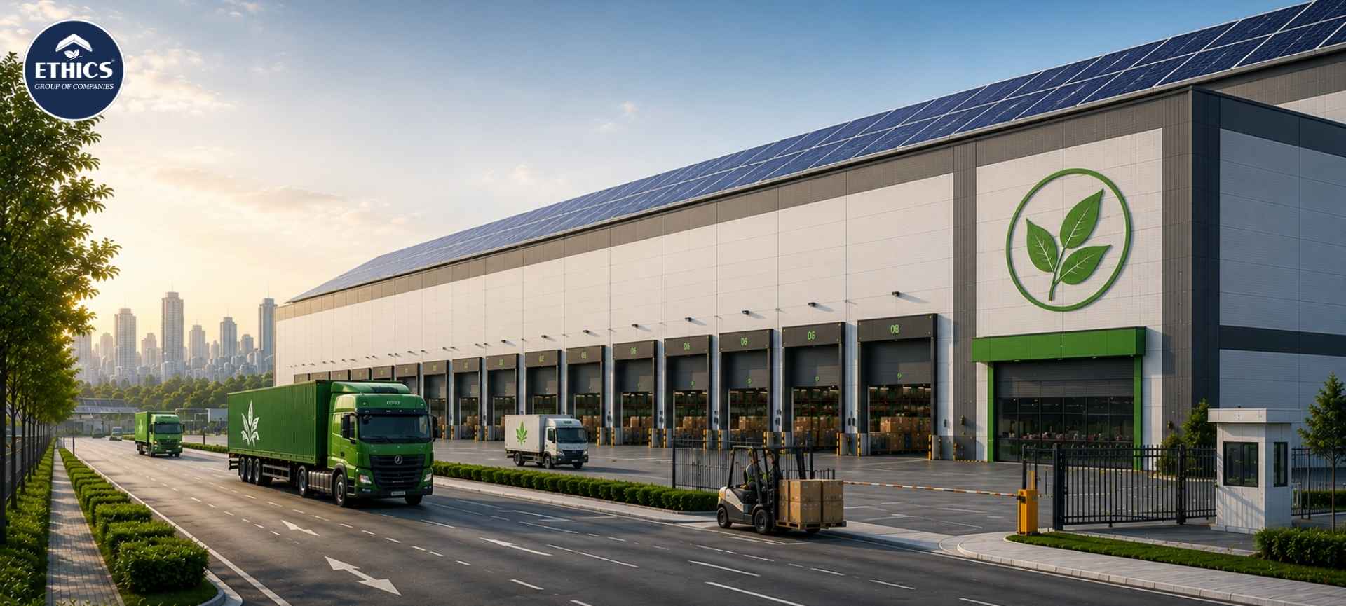 Modern sustainable warehouse in India with solar panels, energy-efficient infrastructure, and green logistics operations