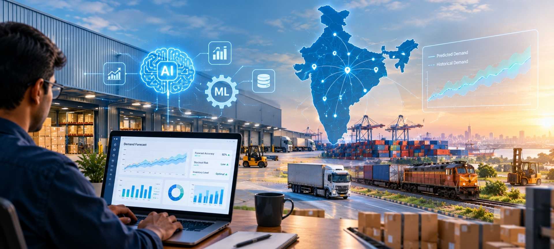 Supply chain planner reviewing AI-driven demand forecast dashboard