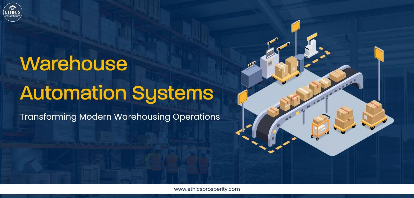 Warehouse automation systems illustration showing smart warehouses, robotics in warehousing, automated conveyors, inventory dashboards, and B2B fulfillment operations