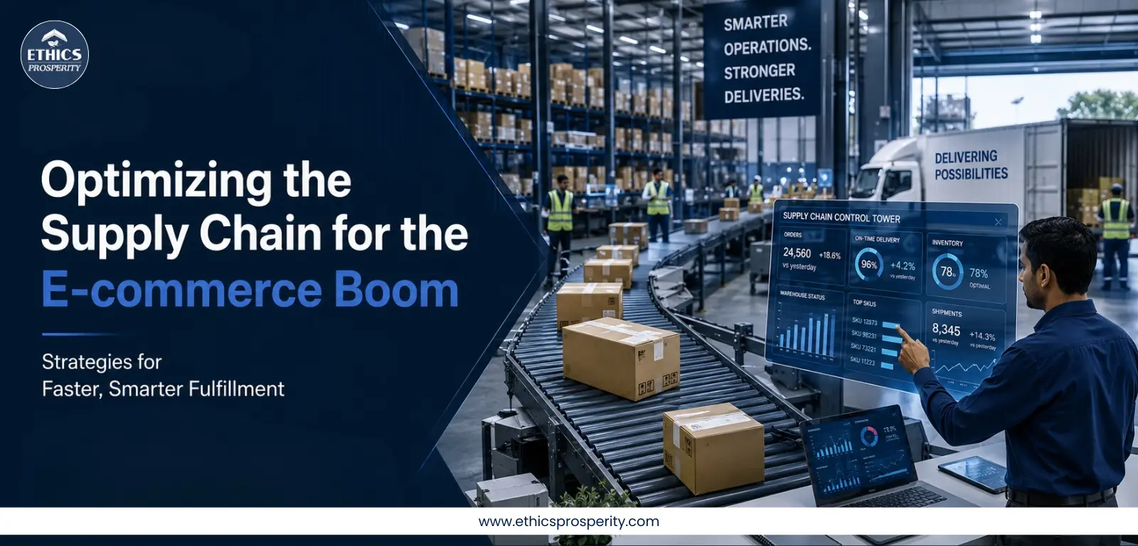 E-commerce supply chain management process showing warehousing, inventory control, order fulfillment, transportation, and last-mile delivery operations
