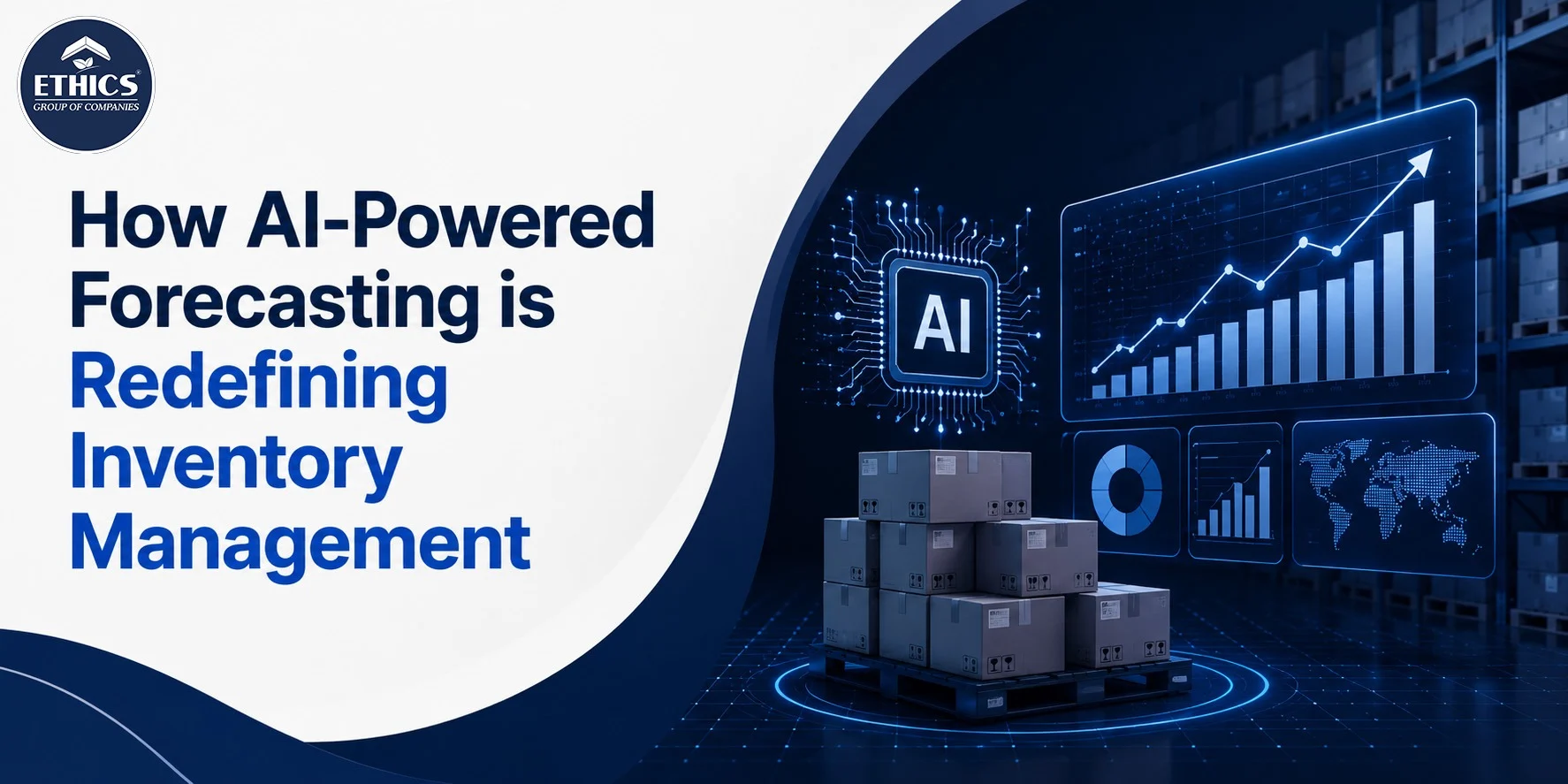 AI-powered forecasting dashboard analyzing inventory levels, demand trends, and supply chain performance across warehouse operations