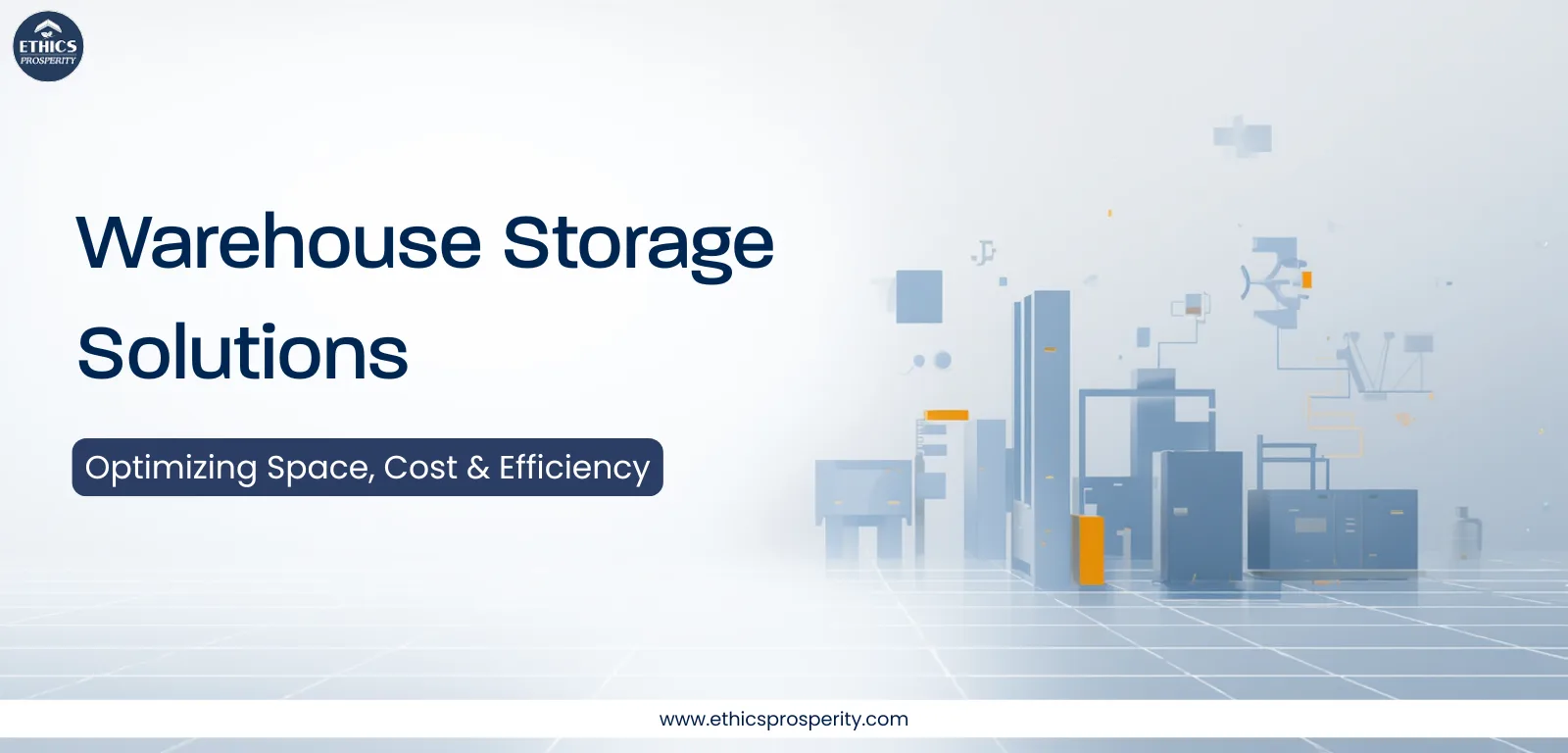 Warehouse storage solutions illustration showing smart warehouse racking systems, cold storage facilities, inventory dashboards, and B2B warehousing operations