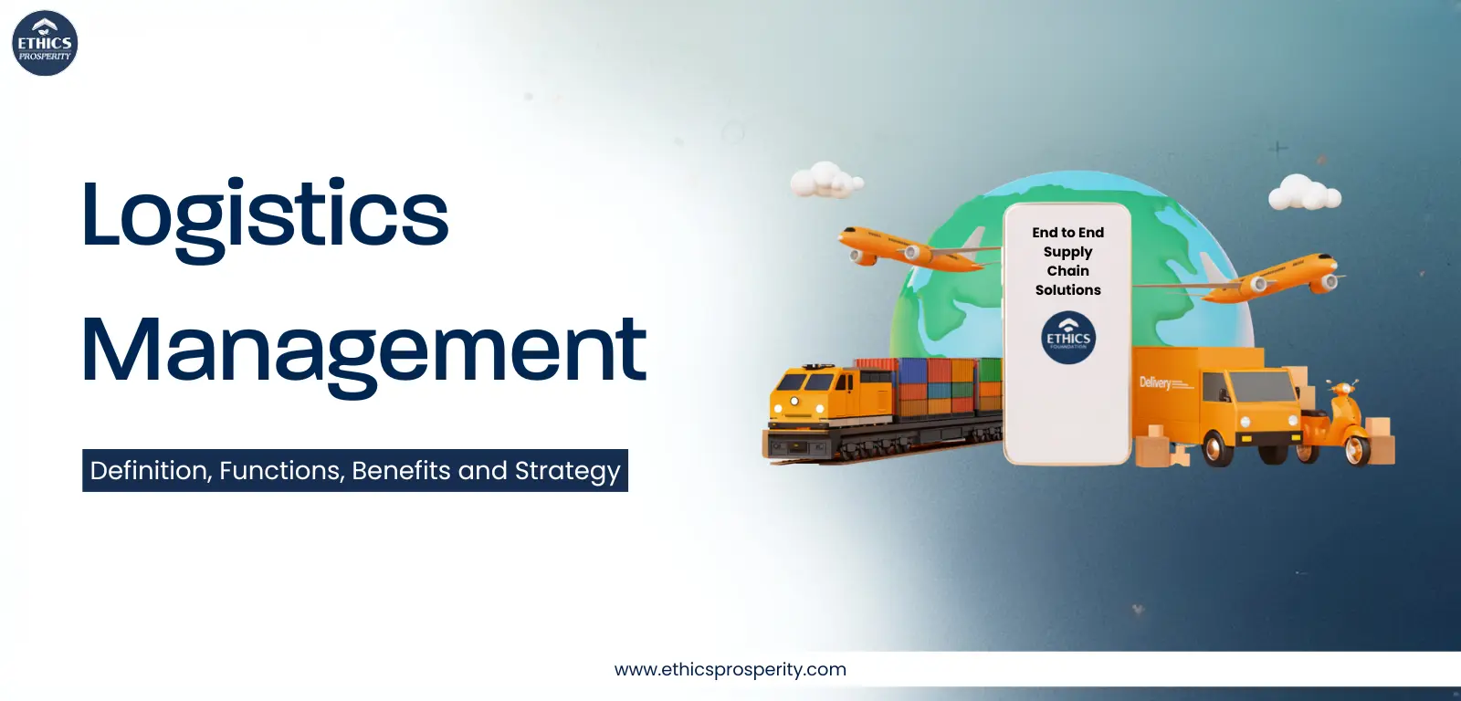 Logistics management illustration showing transportation, warehouse operations, inventory management, order fulfillment, and end-to-end supply chain strategy