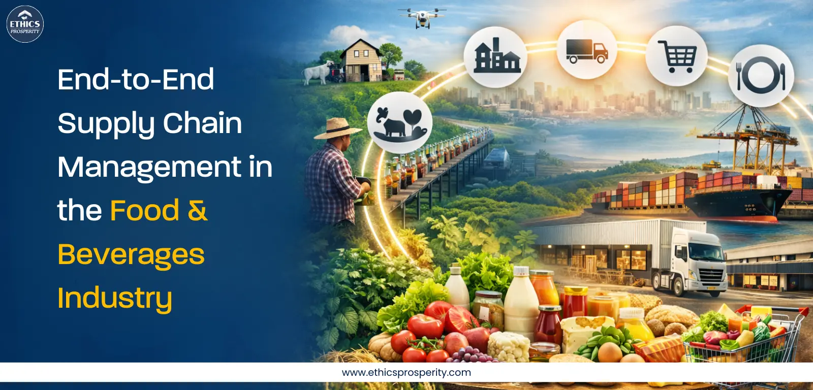End-to-end supply chain management in the food and beverages industry showing cold storage warehouses, temperature-controlled trucks, distribution networks, and last-mile delivery