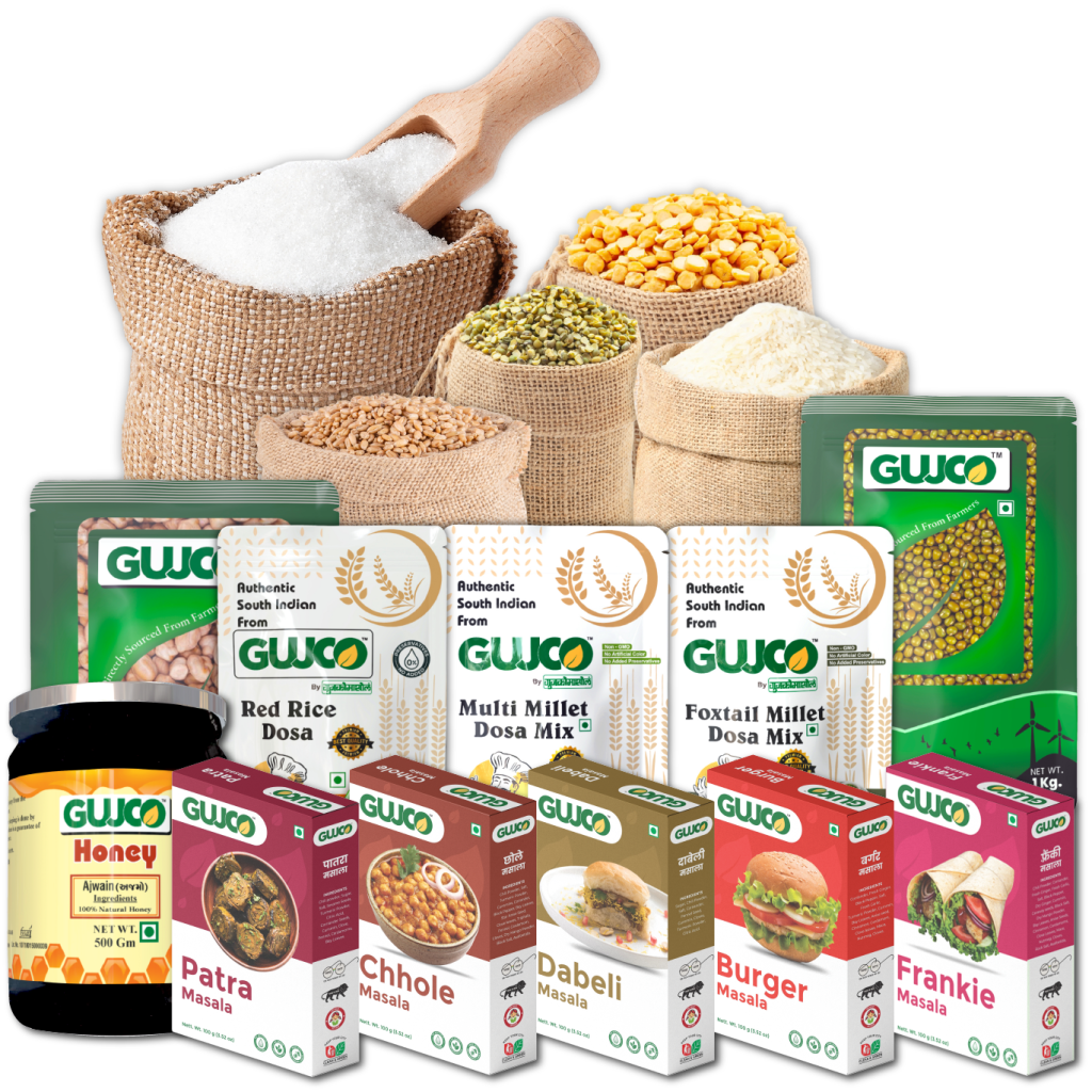 GUJCO product collage — grains, spice mixes, honey, and masala boxes